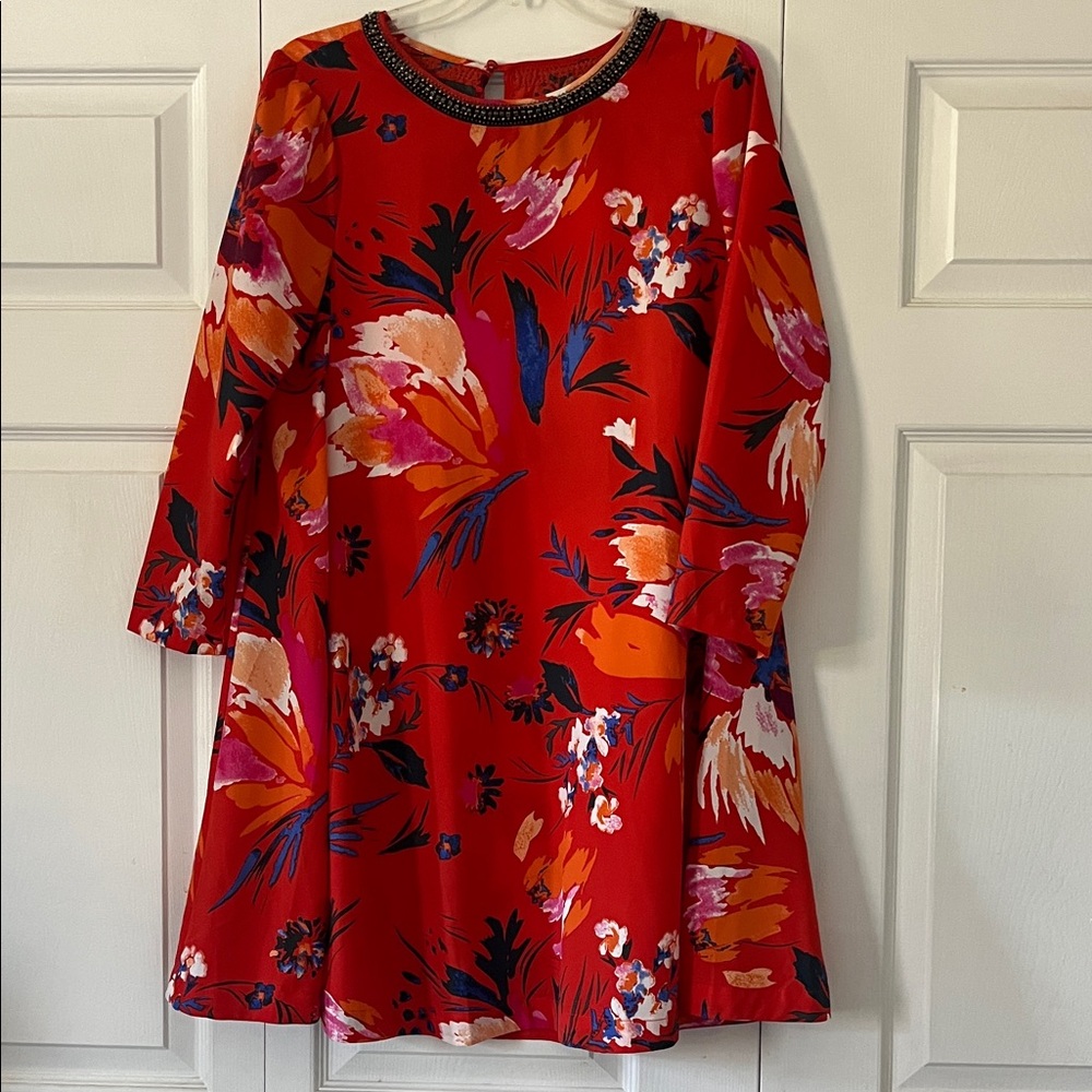 Anthropologie Maeve Red Floral Beaded Neckline Swing Dress